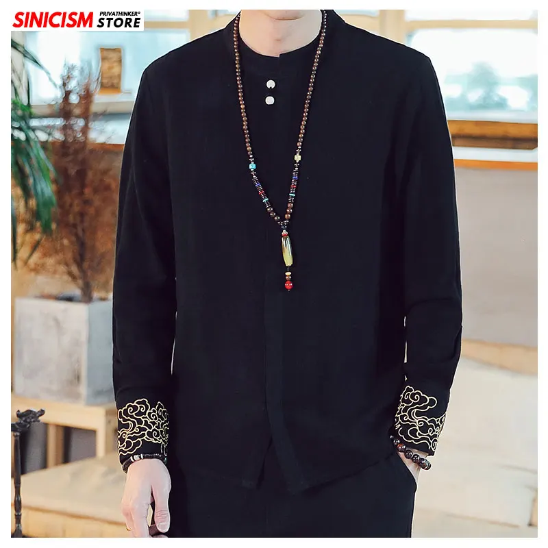 Sinicism Store 2020 Мужская льняная рубашка с воротником стойкой свободная вышивкой и
