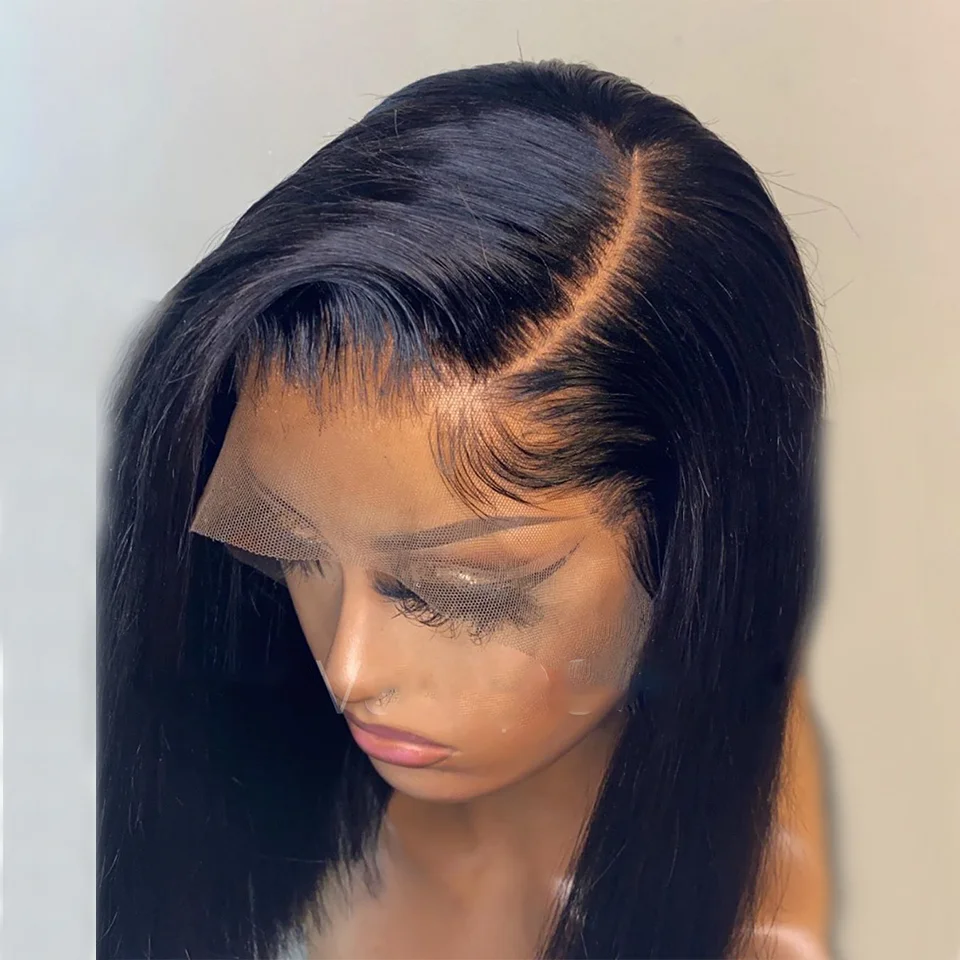Jet Black Color Middle Ratio Cut Short Bob Glueless 13*4 Lace Front Wig Synthetic Wigs Preplucked With Baby Hair For Black Women