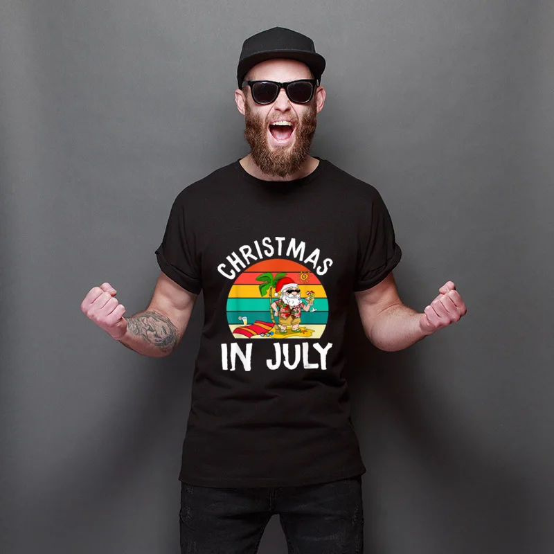 

Christmas In July Santa Hawaiian Printing Customized Tee-Shirts Regular Streetwear Tee Shirt Classic Newest Tees For Adult