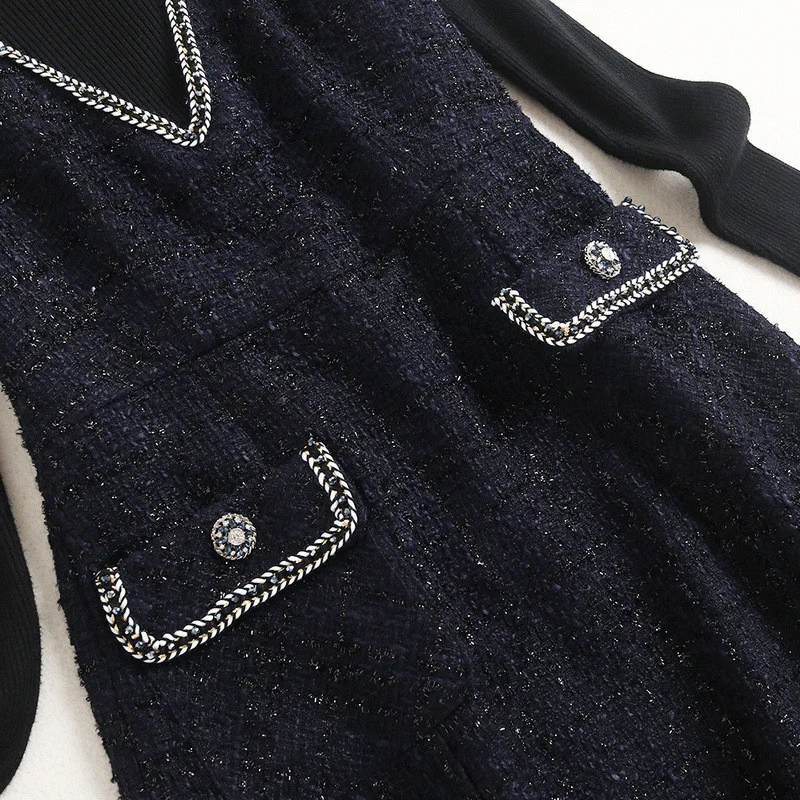 

High Quality Fashion Autumn Winter Vestidos Women Long Sleeve Turtleneck Knit Sweater and Woolen Dress 2 Piece Suits