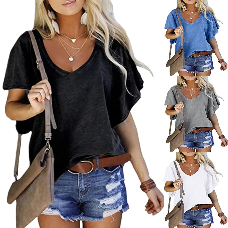 

Women Short Sleeve T-Shirt Summer V-Neck Solid Color Loose Tops Lady Casual Tee Shirts Plus Size S-3XL Black White Basic T-shirt