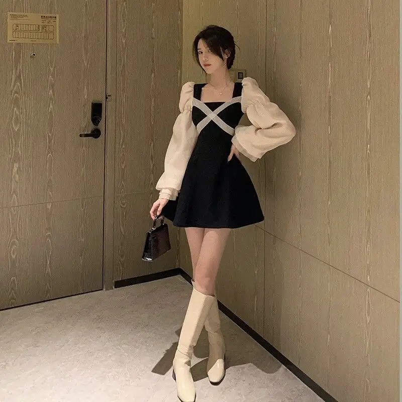

QWEEK French Vintage Square Collar Long Sleeve Mini Dress Summer Korean Bandage Elegant Party Ladies Dresses Women Patchwork