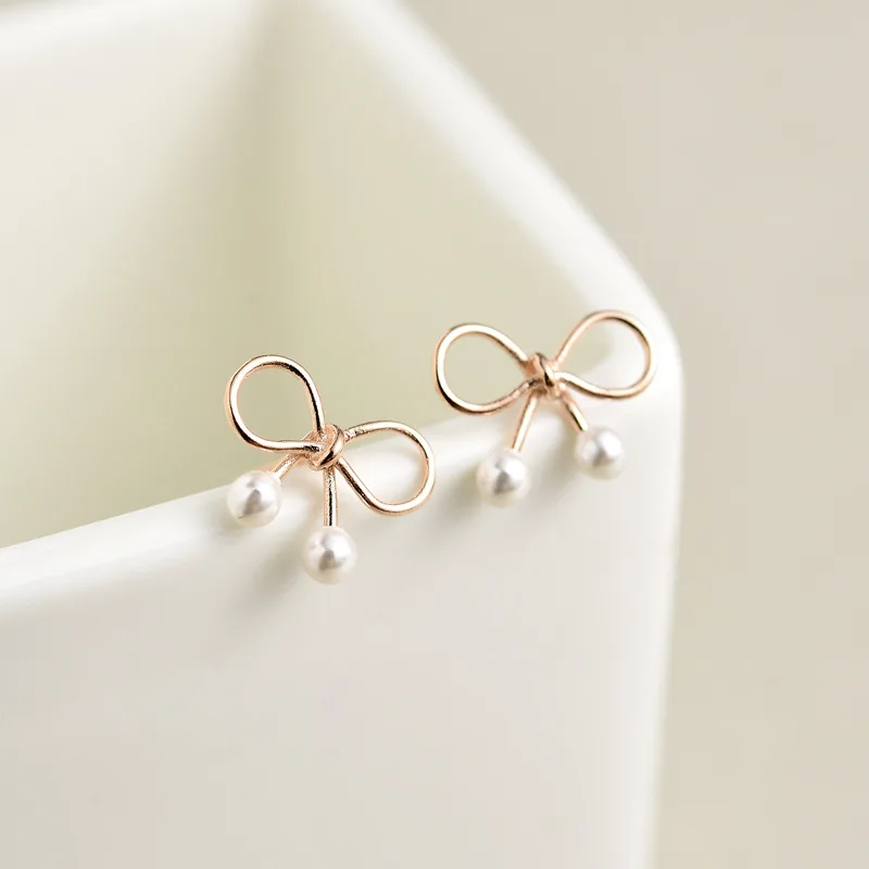 Розовое золото Цвет покрытием бантом 925 пробы серебряные серьги гвоздики для