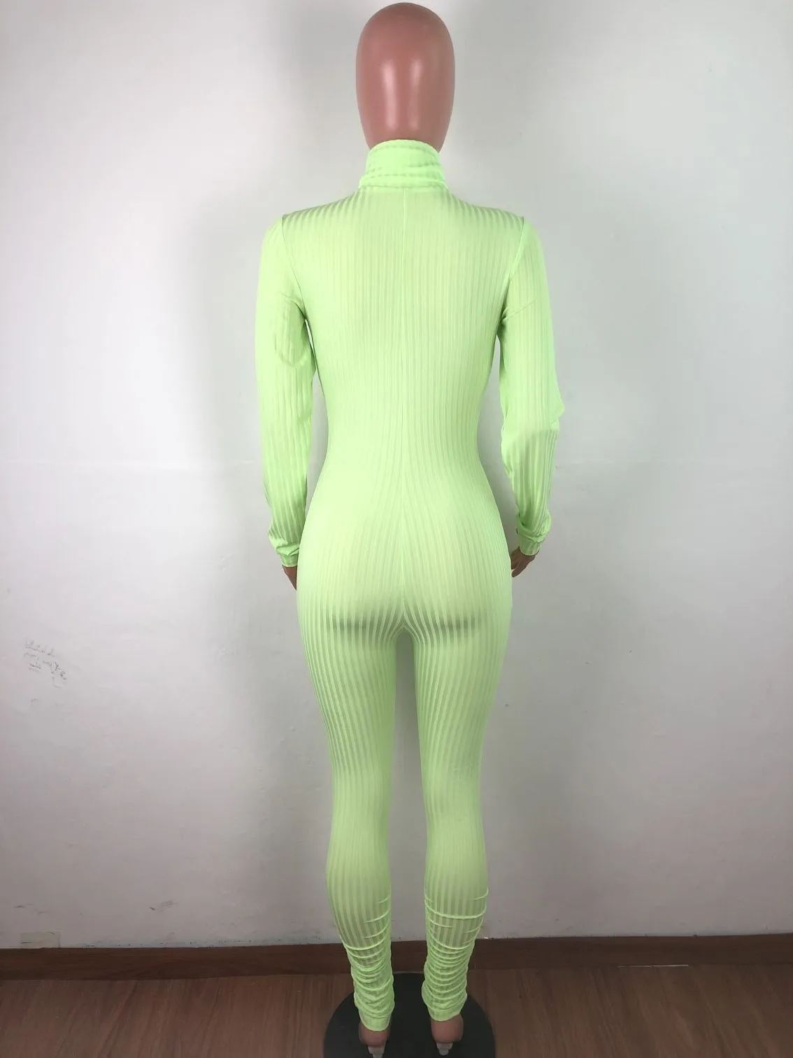 

High Elastic Rib Rompers Womens Jumpsuit High Necked Long Sleeve Fitness Bodysuit Casual Front Zipper Plus Size Tight Catsuits