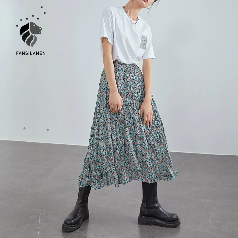 

FANSILANEN Floral Print Long Pleated Skirt Women Folds Elegant Boho Summer Skirt Beach Holiday Elastic High Waist Skirt Female