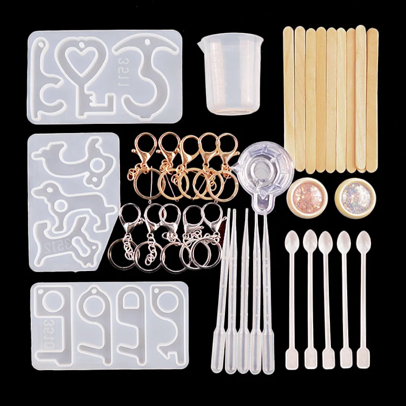 46Pcs Keychain Mold Jewelry Making Silicone Epoxy Resin Casting Sleutelhanger Maken UV Tool Set For DIY Accessories Craft Art