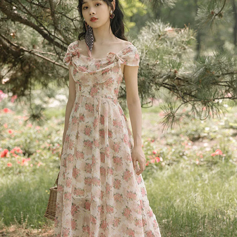 2021 Summer New Vintage Women Fairy Dress French Strap Floral Printed Hollow Out Romantic Vestidos Elegant Florals Chiffon | Женская