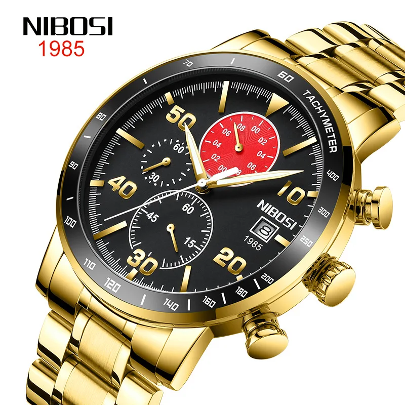 

NIBOSI New Fashion Business Men's Quartz Watch Full Steel Luminous Calendar Clock Three Eyes Six Hands Chronograph Watches 2380