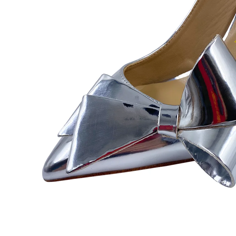 Size 34-45 Solid Color Patent Leather Big Bow-Tie Pointy Toe Elegant Slingback Women High Heels Sandals Shoes