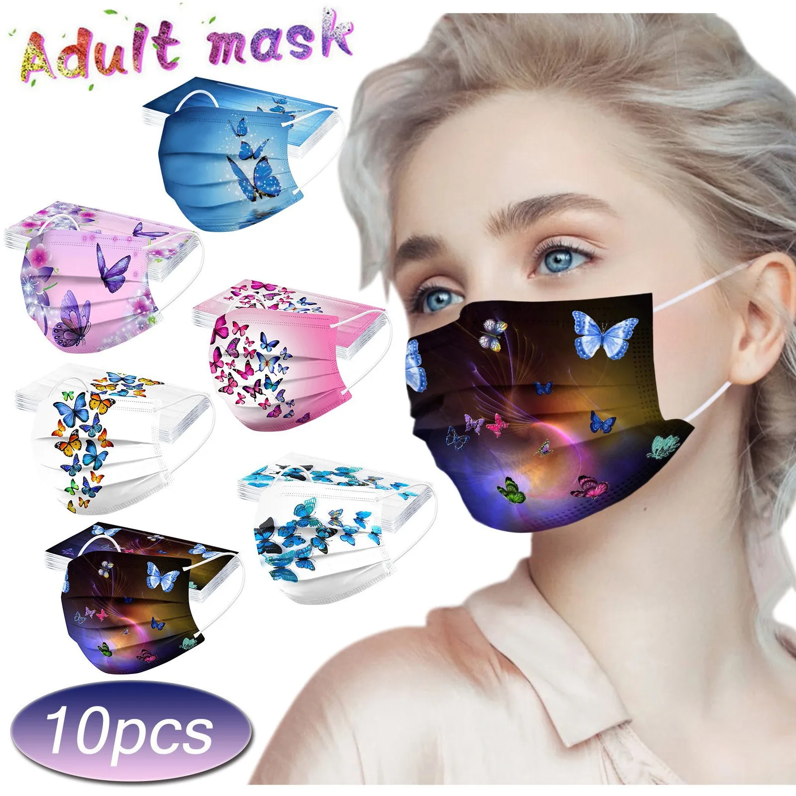 10pcs Adult Butterfly Printed Masks Mouth-muffle Disposable Flower Pattern Face mask 3 Layer Ply Meltblown Cloth Filter Facemask | Красота и