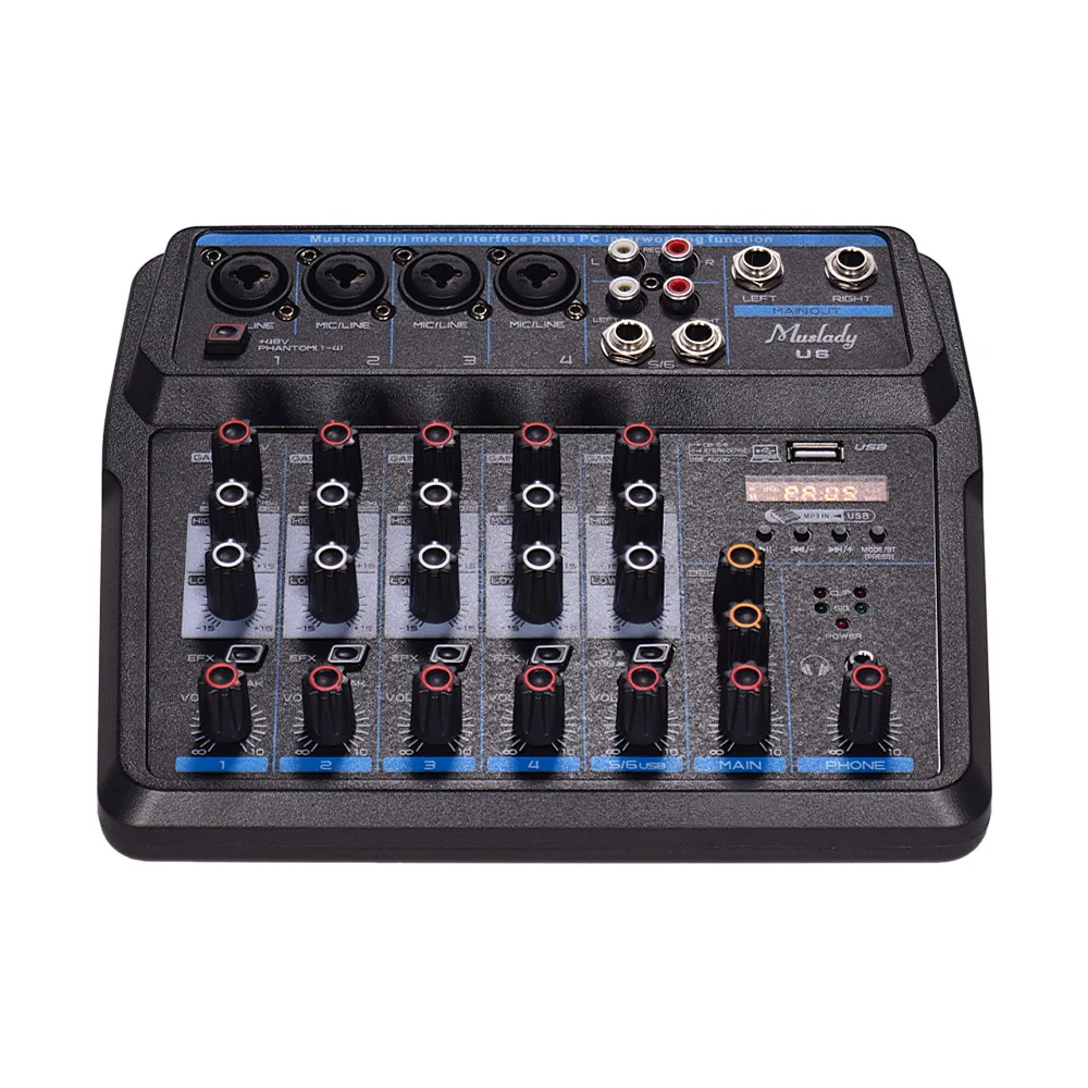 Музыкальный Мини миксер Muslady U4/U6 6 каналов аудиомиксеры BT USB микшерная консоль со
