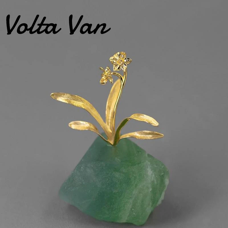 

Volta Van 925 Sterling Silver 2022 New Jewelry Display Natural Green Fluorite Daffodil Flower Concise Home Desk Decoration