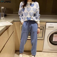 fashion love printed knitted two peice suit women long sleeve sweater tops and solid colors casual pants female korean suit