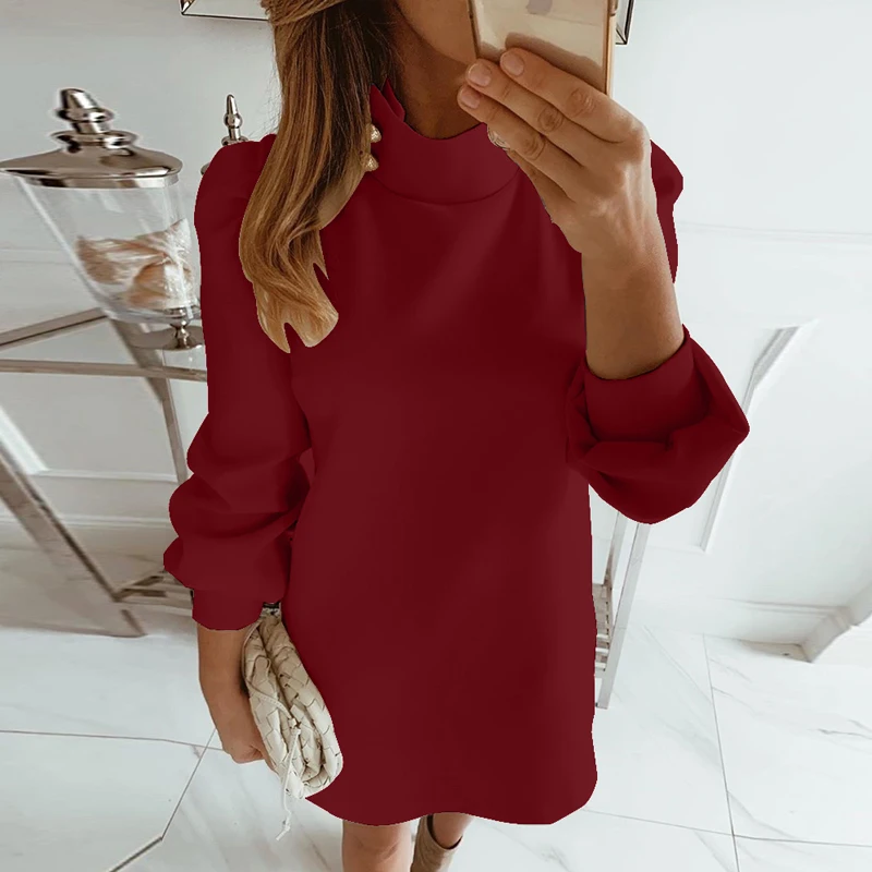 

Women Casual Turtleneck Button Mini Dress 2019 Autumn Winter Long Sleeve Party Dresses Fashion Solid Color Ladies Dress Vestidos