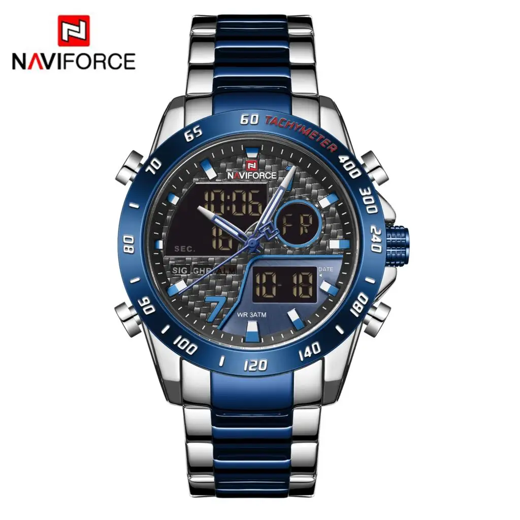Blue NAVIFORCE Роскошные Брендовые мужские часы Военные Спортивные Цифровые кварцевые часы полностью стальные водонепроницаемые часы Relogio Masculino Новинка - Цвет: Blue