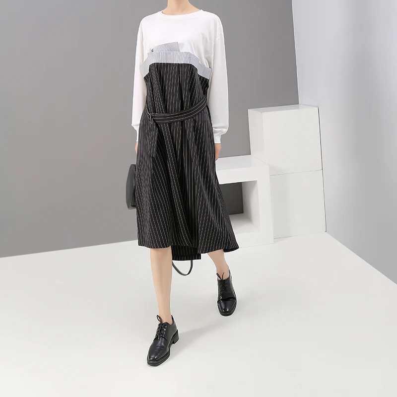 Новинка 2019 корейский стиль женское черное лоскутное Полосатое платье с поясом