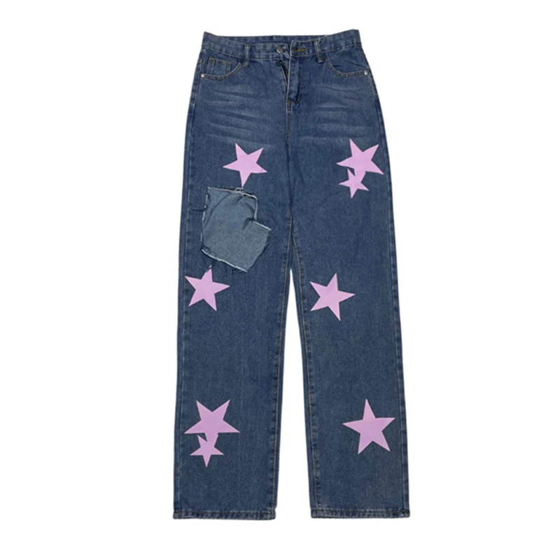 

Jeans Women Men Harajuku Preppy Style Loose Wide Leg Pants Vintage Washed Five Pointed Star Print Straight Hole Denim Trousers