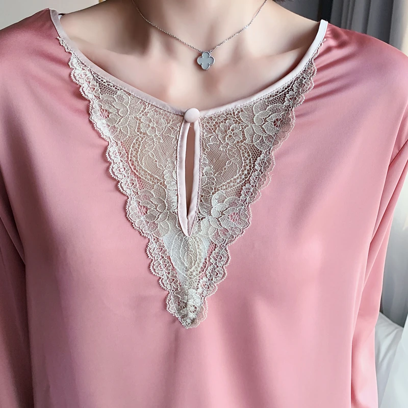 

Sexy Lace Trimmed Pajama Set For Women Spring Summer Long Sleeve Silk Pyjamas Soft Sleepwear Casual Homewear 2Pcs Pijama