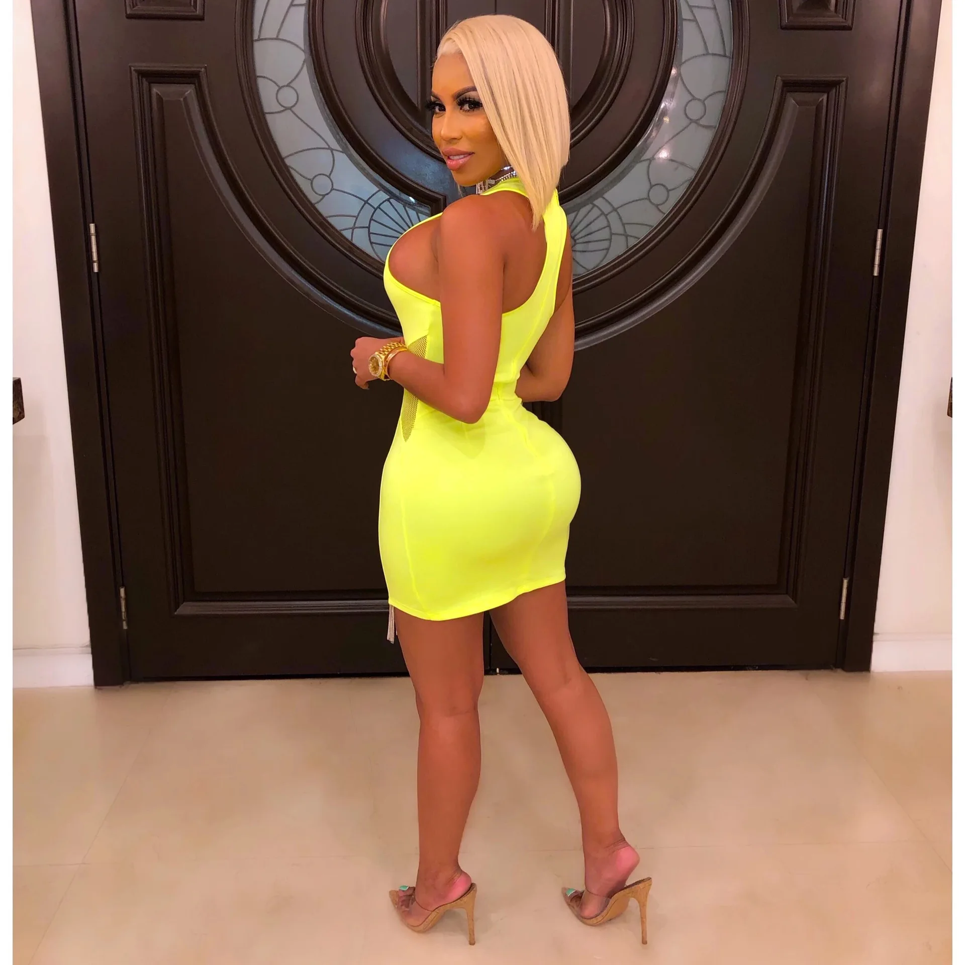 2019 сексуальное Сетчатое облегающее короткое платье с кисточками круглым вырезом