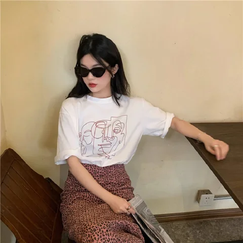 Модные готические женские футболки в стиле панк с принтом лица, хлопковые топы в стиле Харадзюку с коротким рукавом, уличная одежда, футболка в Корейском стиле