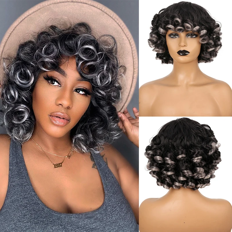 DIFEI Synthetic Short Hair Afro Kinky Curly Wig With Bangs For Black Women Ombre Black Brown Cosplay Wig