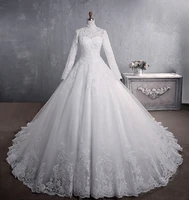 luxury muslim ball gown wedding dress white long sleeves lace appliques high neck bridal formal wear beads sequins winter 2021