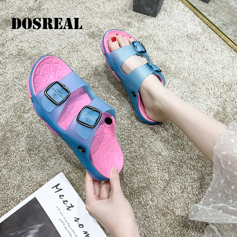 

DOSREAL Women Jelly Sandals Home Non-slip Summer Hole Shoes Flat Slippers Two Strap Candy Color Girls Soft Garden Shoes