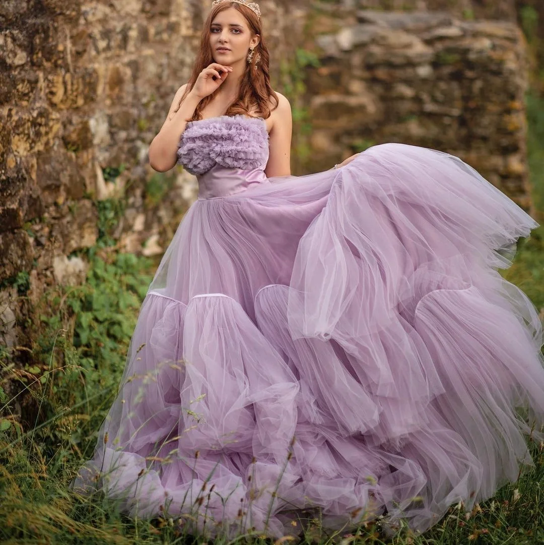 

Light Purple Evening Dresses Strapless Ruffles Long Prom Dress Layered Tulle Ball Gown Plus Size Wedding Dress For Women