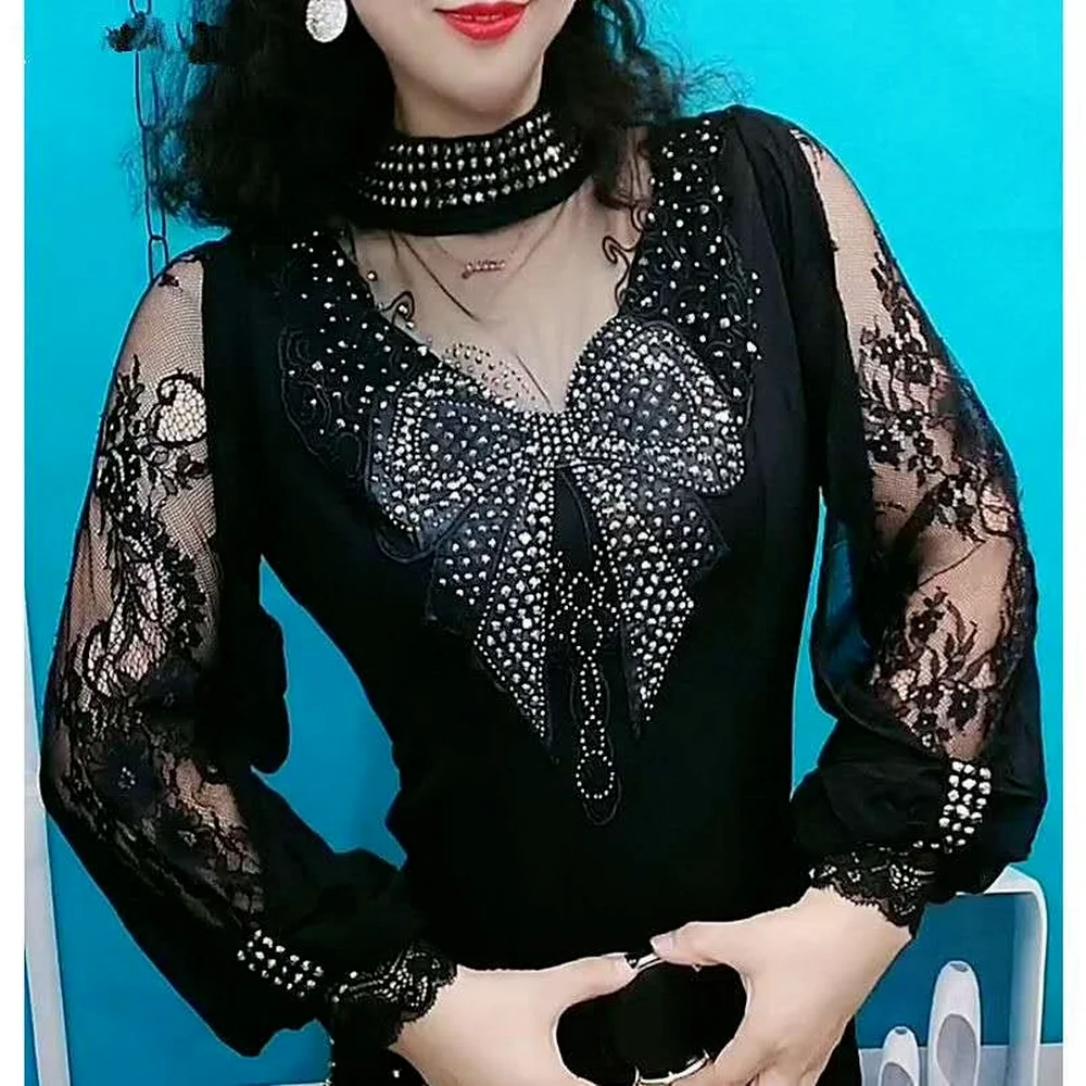 Женская Кружевная футболка винтажная Готическая рубашка с рукавами фонариками и