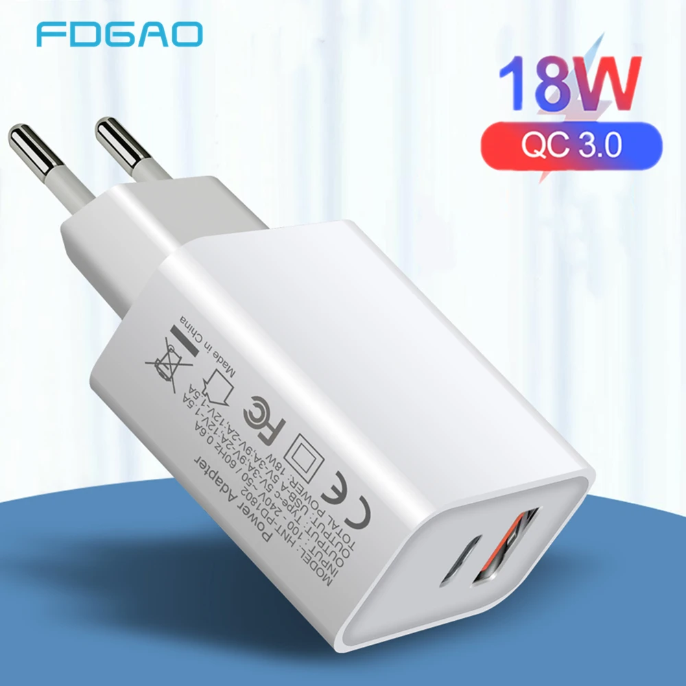 Быстрое зарядное устройство FDGAO 18 Вт PD USB для Samsung iPhone Huawei Xiaomi Tablet QC 3 0 быстрое