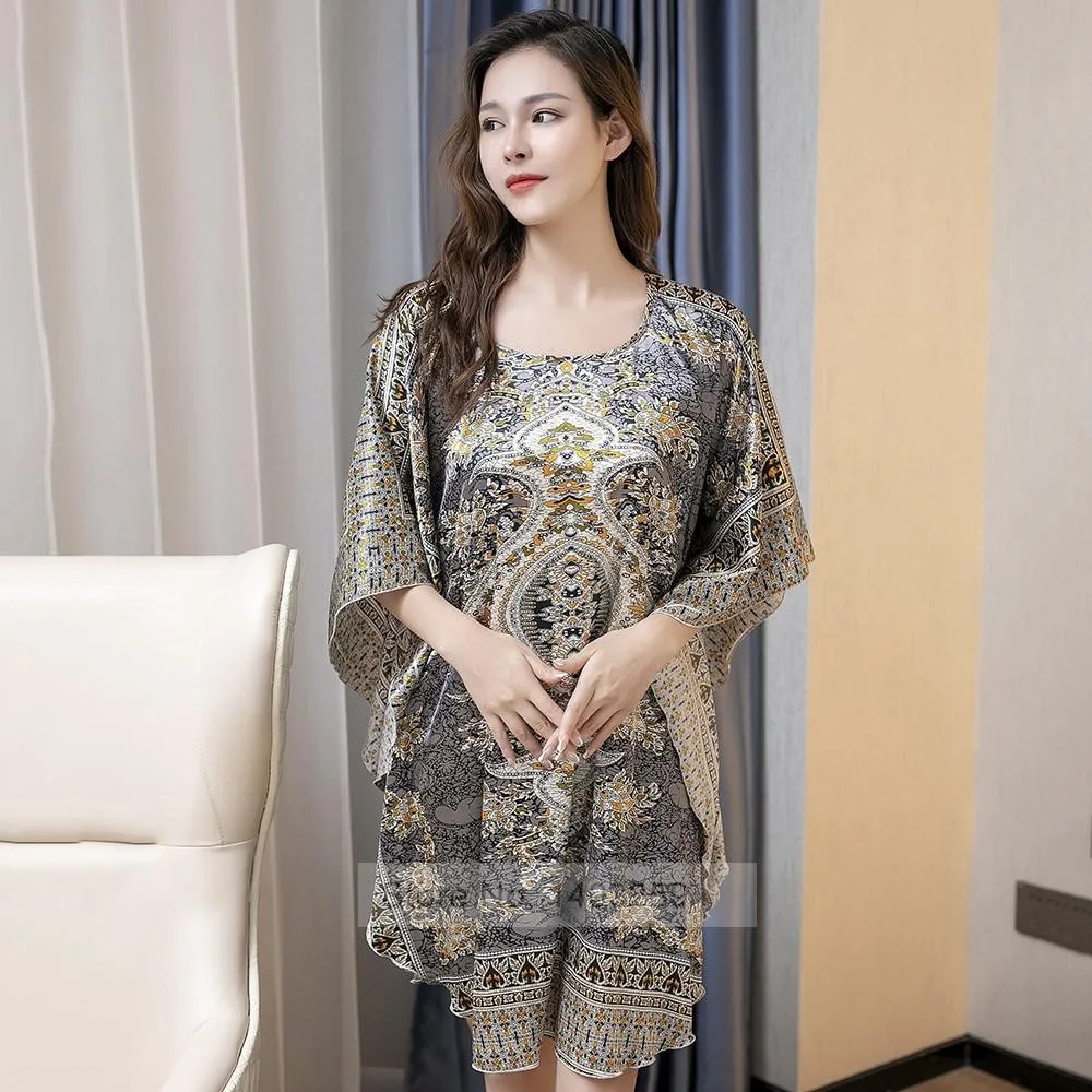 

Plus Size Women Nightgown Sleepwear Print Nightwear Bathrobe Summer Bat Sleeve Female Nightdress Loose Satin Home Dressing Gown