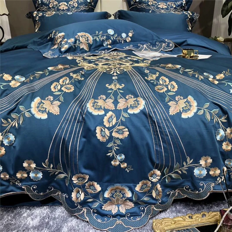 

Luxury Blue White Red 1000TC Egyptian Cotton Bedding Set Gold Flowers Embroidery Duvet Cover Bed Linen Fitted Sheet Pillowcases