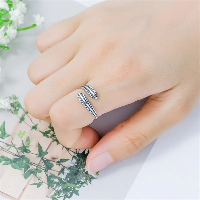 

925 Sterling Silver Vintage Punk Feather Finger Ring For Women Retro Opening Party Fashion Jewelry jz427