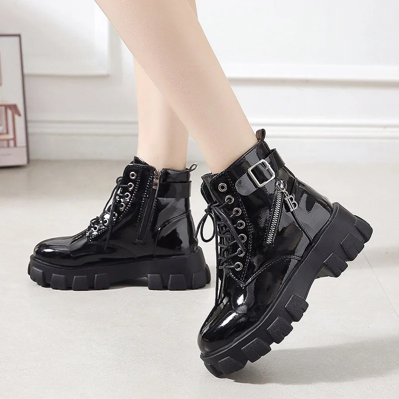 

2021 New Women Winter Boots shoes Woman Lace Up Gothic Black Platform Ladies Leather Ankle Boots Women Shoes Fashion Botas Mujer
