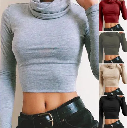 

Sexy Waist-Cut T-Shirt Turtleneck Bottoming Shirt for Women Solid Color Outside Club Wear Fashion Long Sleeve Top Autumn