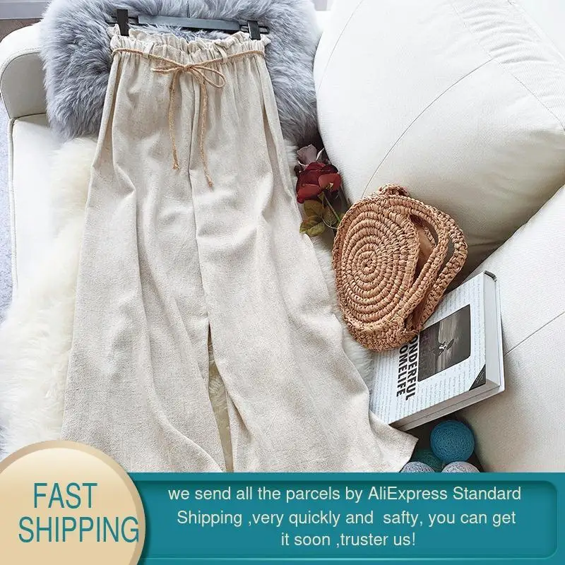 Брюки женские из хлопка и льна с широкими штанинами завышенной талией | Женская