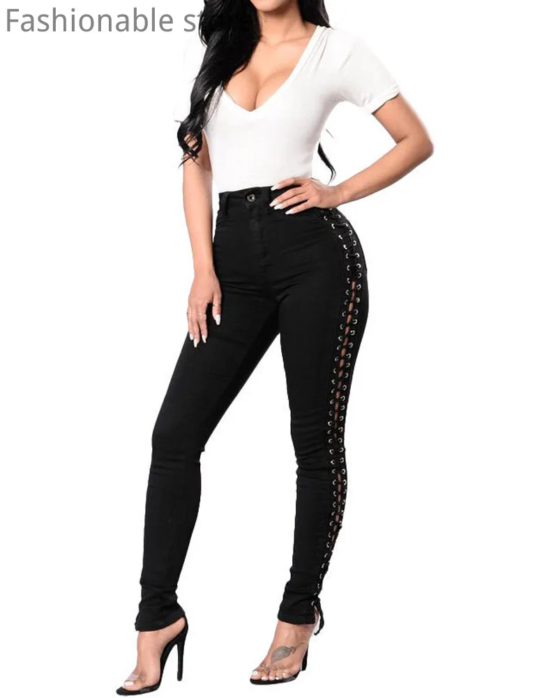 

Side Eyelet Lace-Up Pockets Design High Waist Jeans Skinny Denim Pants