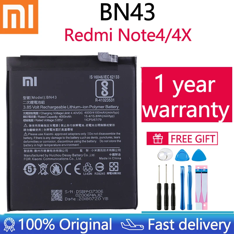 

100% Оригинальный аккумулятор BN43 4000 мАч для Xiaomi Redmi Note 4X / Note 4 global Snapdragon 625 Высококачественный аккумулятор BN43 + Бесплатные инструменты