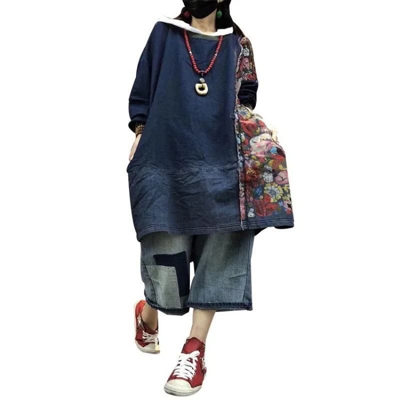 

Lady New Personality Printed Denim Dress For Women Loose Dress 2020 Chinese Vintage Style Lady Patchwork Dress