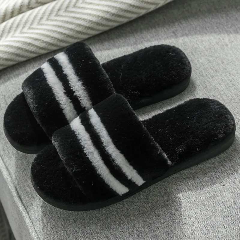 Black Strip Новинка; зимние женские хлопковые тапочки; домашняя теплая обувь без застежки с искусственным мехом; нескользящие домашние тапочки; женская домашняя обувь на плоской подошве; размеры 34-41 - Color: Black Strip