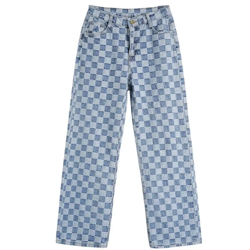 

Harajuku Plaid Jeans Summer Unisex Unisex Plaid Pattern Loose Casual Blue Fashion Wide Leg Jeans Overalls Streetwear