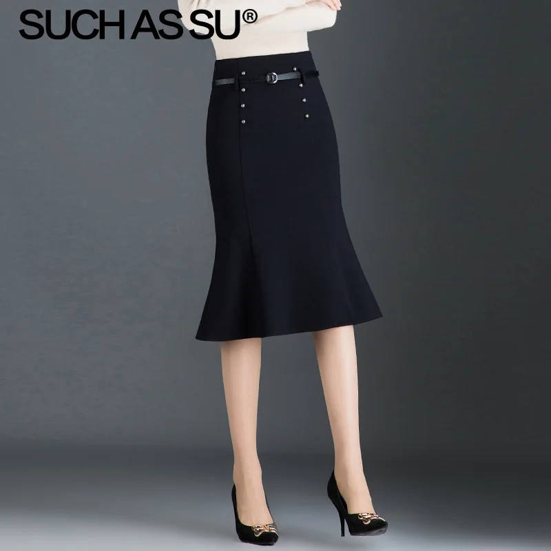 Black skirt Новинка, Женские Вязаные Юбки Русалки, Осень-зима, черная сетчатая юбка-карандаш с высокой талией, S-3XL размера плюс, Женская юбка с оборками для отдыха - Цвет: Black skirt