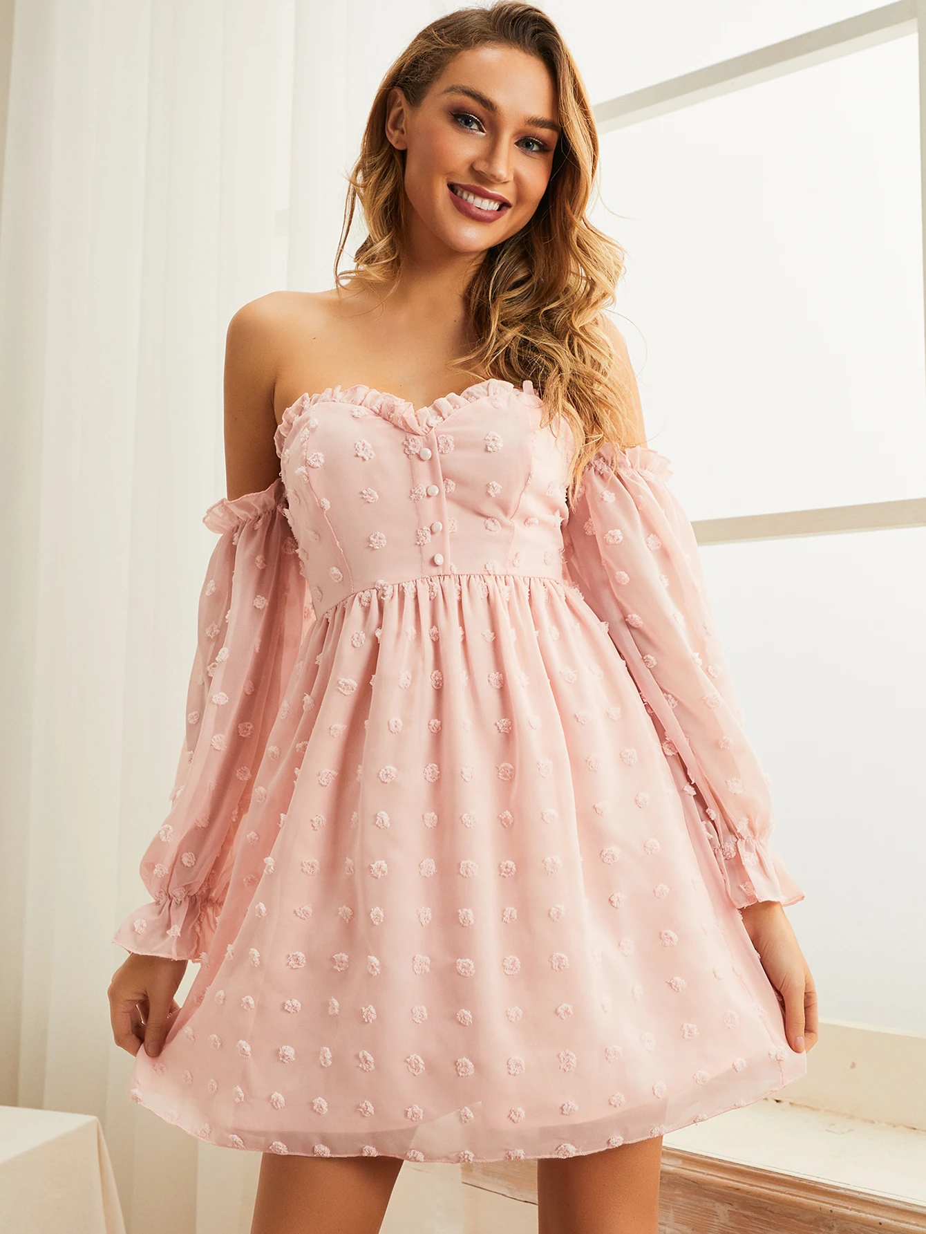 

On sale 2021 Spring and Summer women Off Shoulder Bell Sleeve Swiss Dot Dress