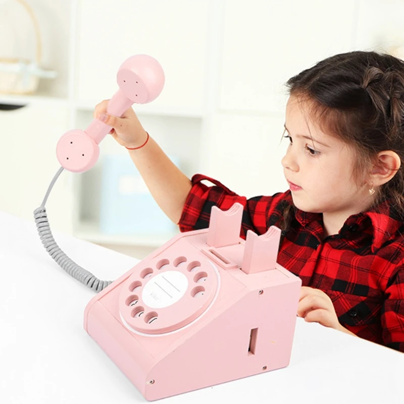 

Rotary Design Retro Imitation Landline Phone, Children's Play House Wooden Antique Dial Telephone for Early Education