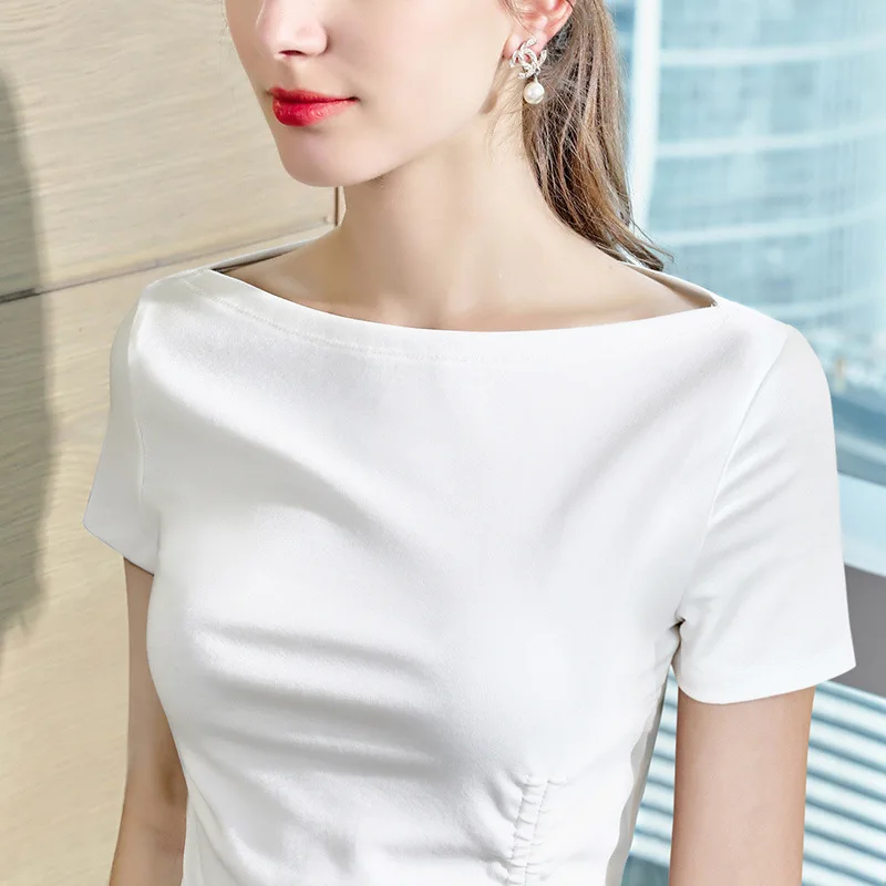

Short-Sleeved T-shirt Women Ins Fashion 2020 Summer New Solid Color T-shirt Drawstring Irregular Horizontal Neck Design Top