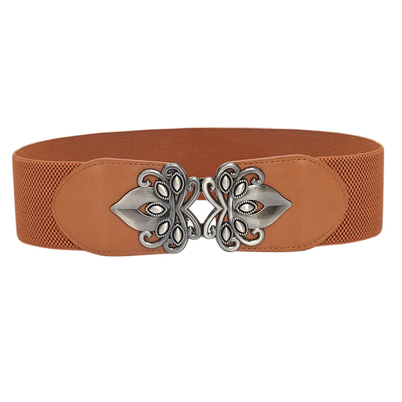 

2020 New Design Carved Floral Hook Up Elastic Waistbands Round Wide Imitation Leather Woman Dress Decorate 1pc Solid Color Belt