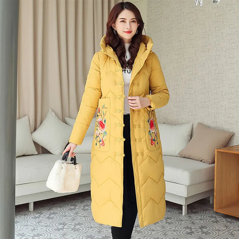

X-Long Hooded Buckle Embroidery Bakery Winter down jacket Women Oversize Jacket Cotton Padded Wadded Parkas Wind Breaker Sleeves