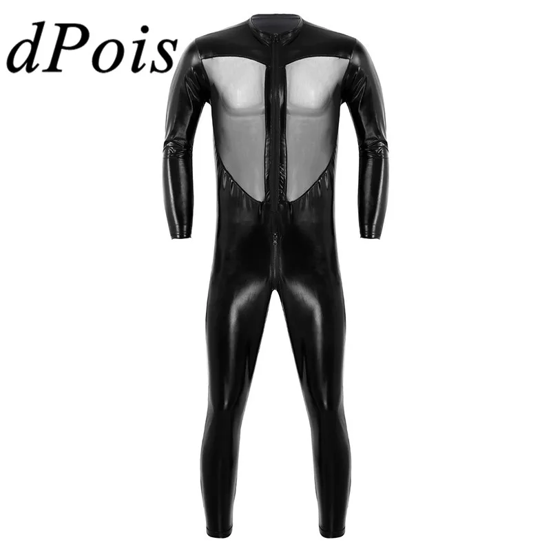 

Mens Bodysuit PVC Leather Wet Look High Neck Long Sleeves Zipper Front Mesh Splice Full Body Leotard Unisex Womens One Piece