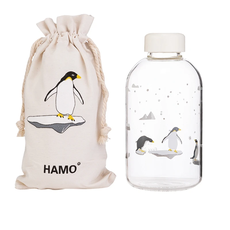 Penguin Family 600ml Креативная стеклянная бутылка для воды с полярным медведем пингвином милые животные бутылки для льда мультяшная Спортивная бутылка для кемпинга посуда для напитков Прямая поставка - Цвет: Penguin Family 600ml