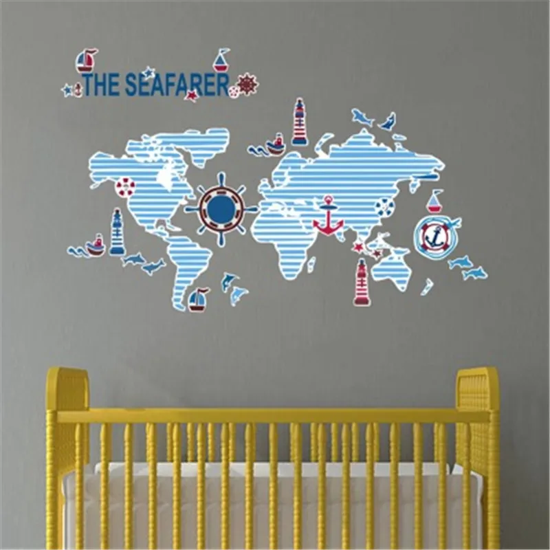 Морской моряк Путешествия Синий карта мира настенные наклейки для детской